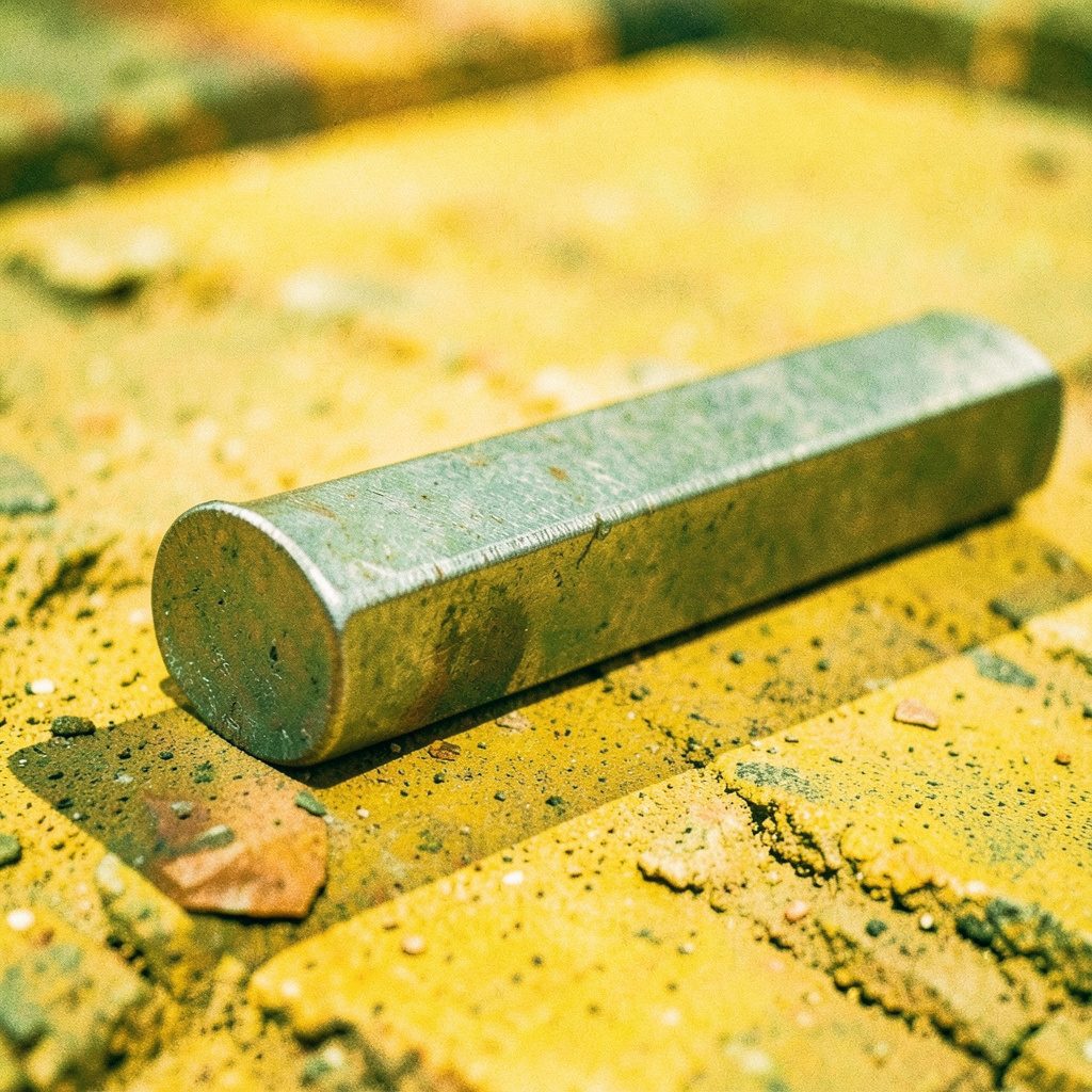Cut sections of carbon steel round bar with gray oxidized surface laid on a dark industrial floor