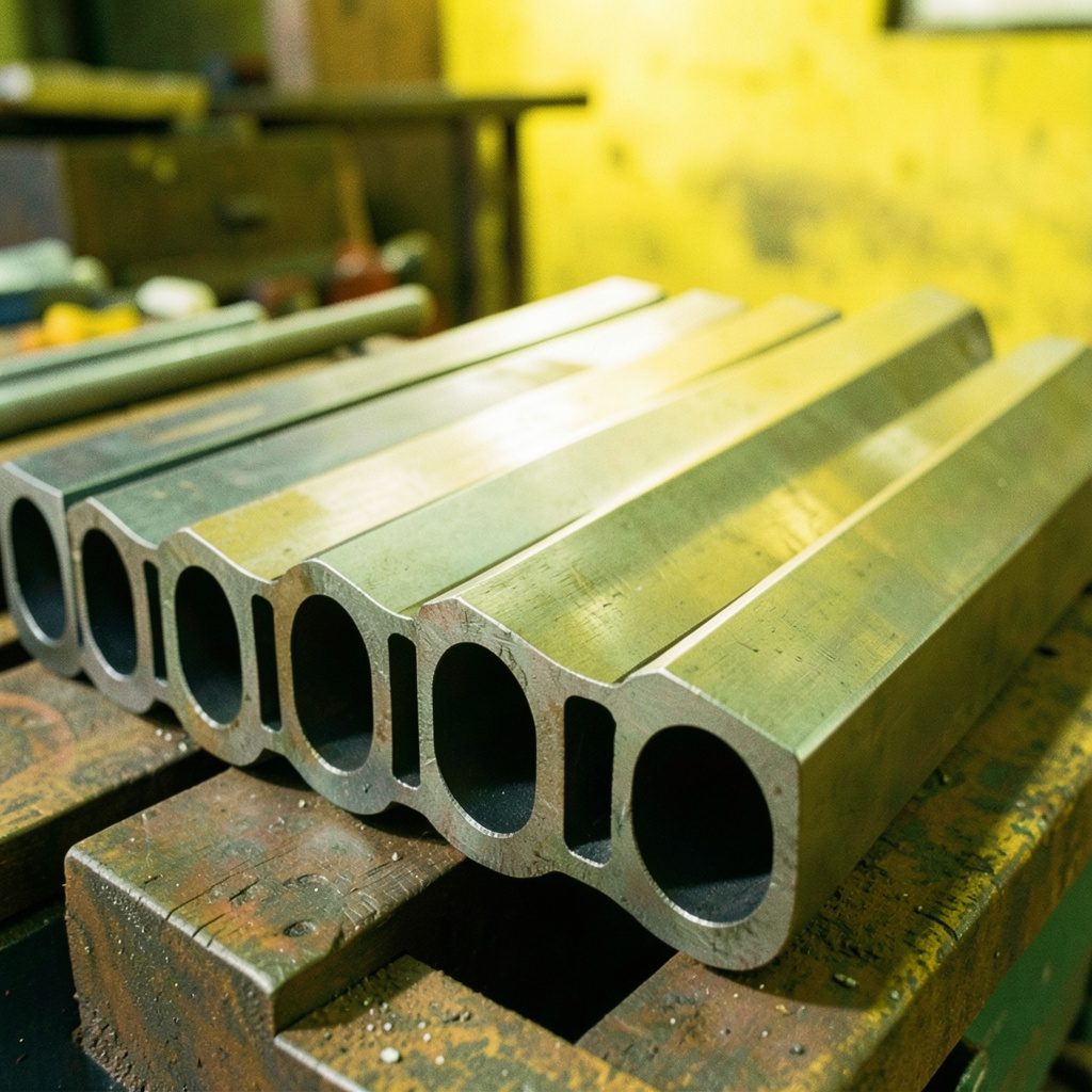 Industrial steel round bars stacked in a warehouse, metallic grey surfaces under workshop lighting