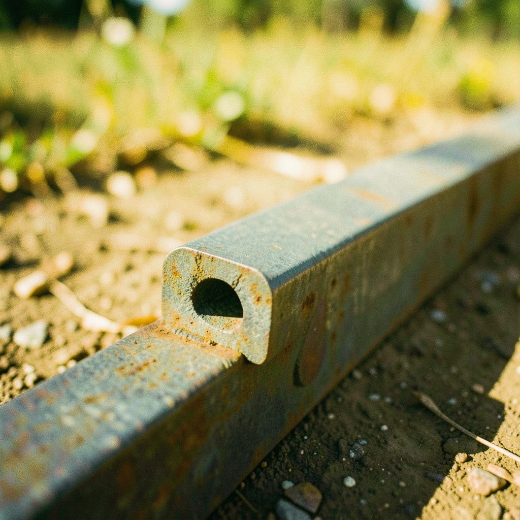 Carbon steel round bars with smooth gray finish arranged in a neat row on a warehouse floor
