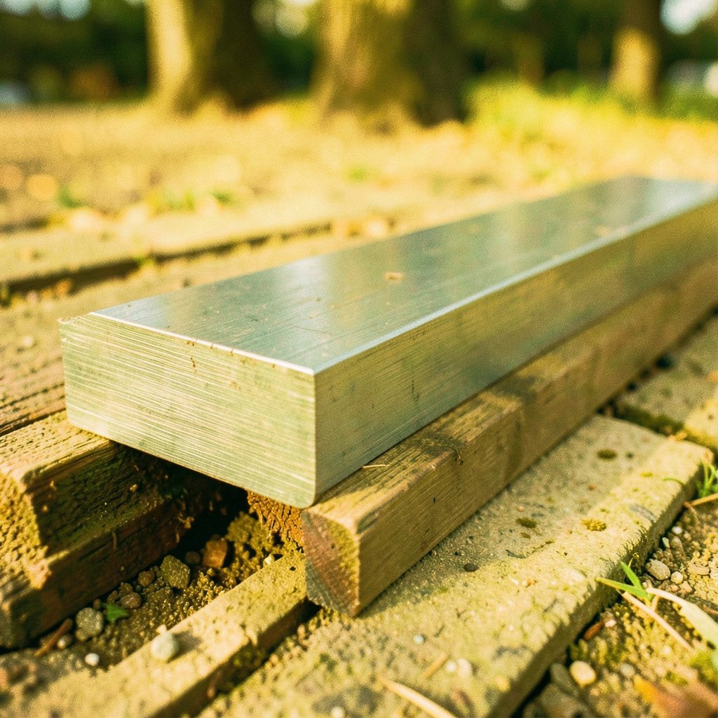 Close-up of a dark grey spring steel flat bar with a smooth black surface finish, resting on an industrial workbench in a steel warehouse.